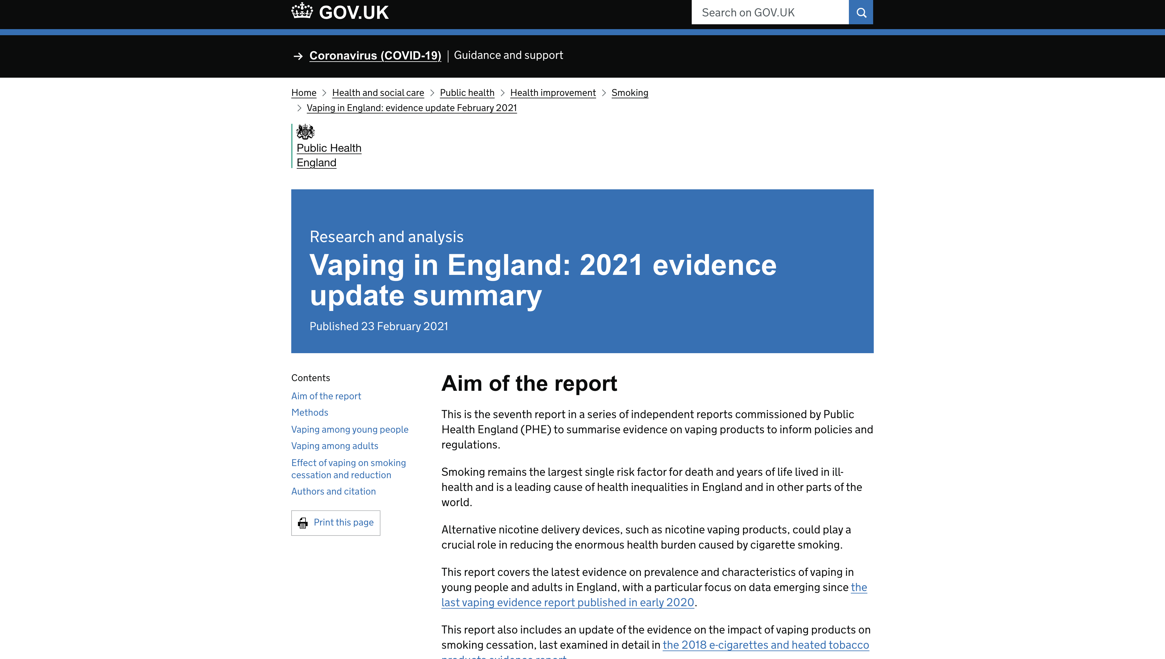 《英国公共卫生部2021证据更新》报告指出电子烟成为2020英国戒烟者第一选择